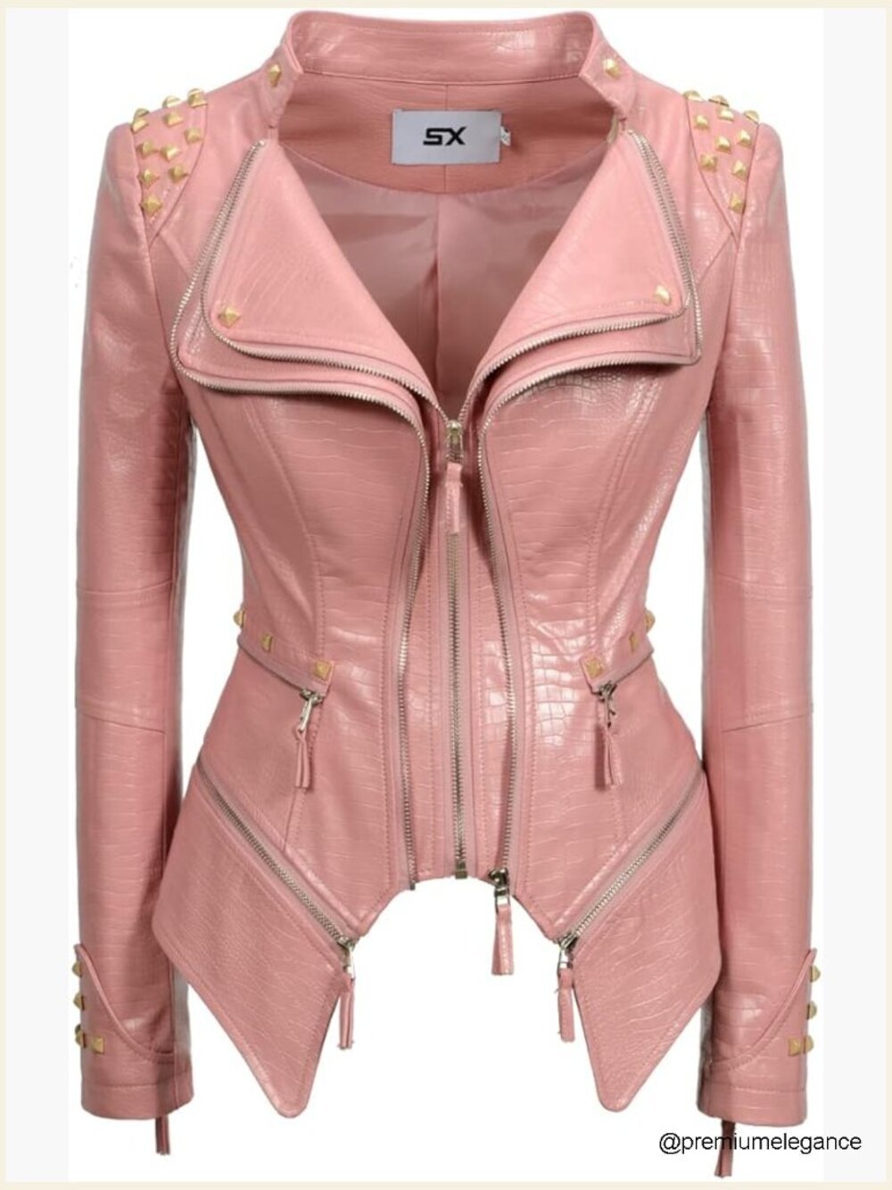 Women's Faux Leather Moto Jacket with Studded Details, Zipper Closure